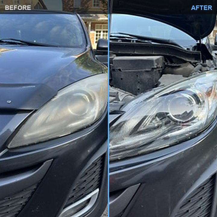 Headlight before and after restoration, hazy yellow lens restored to clear