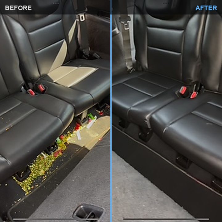 Rear leather seats before and after, spilled candy and debris fully removed