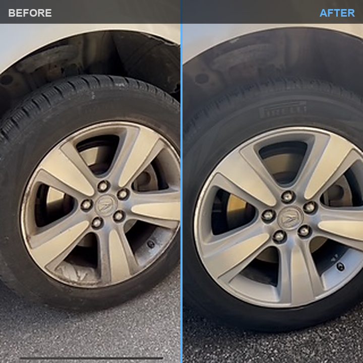 Wheel before and after, brake dust removed and tire shine applied